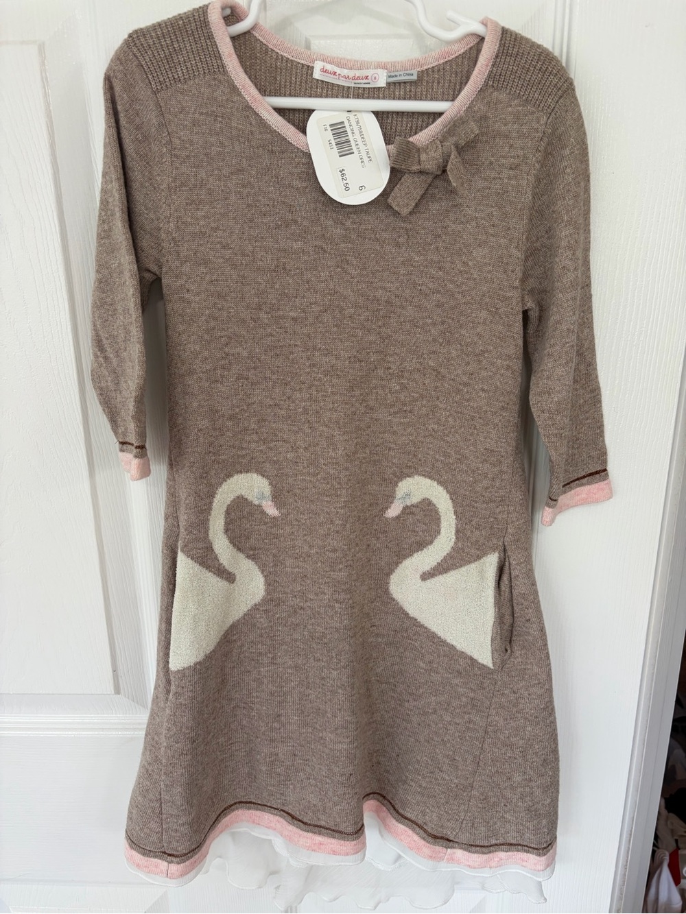 deux par deux Taupe Knit Dress with Pink Trim & Swan Motifs